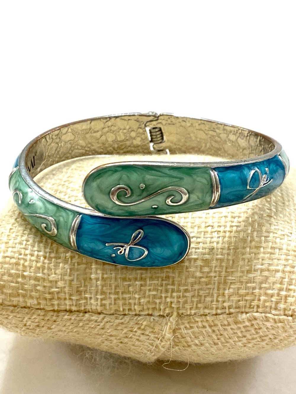 Vintage Fumi Green & Blue Enamel Open Cuff Bracelet and Purse Hanger